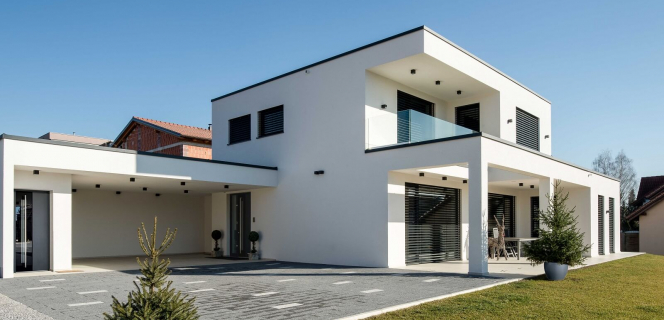 Modernes Haus mit Aluminium-Haustür.