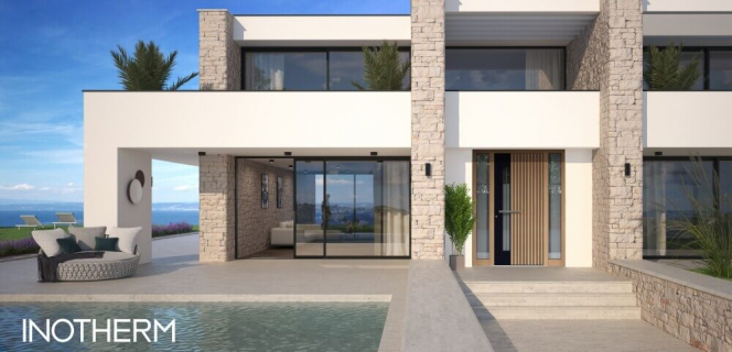 Modernes Haus mit moderner Aluminium-Haustür mit Holzdekor.
