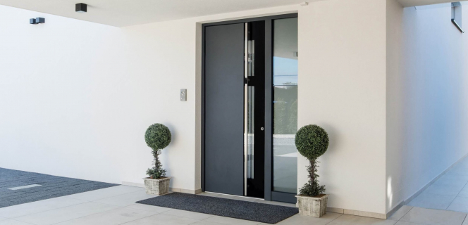 Exklusive Haustür mit modernem Griff und Glas. An der Seite befinden sich zwei beschnittene Sträucher als Dekoration.