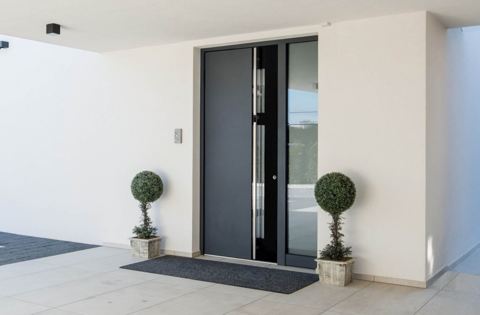 Exklusive Haustür mit modernem Griff und Glas. An der Seite befinden sich zwei beschnittene Sträucher als Dekoration.
