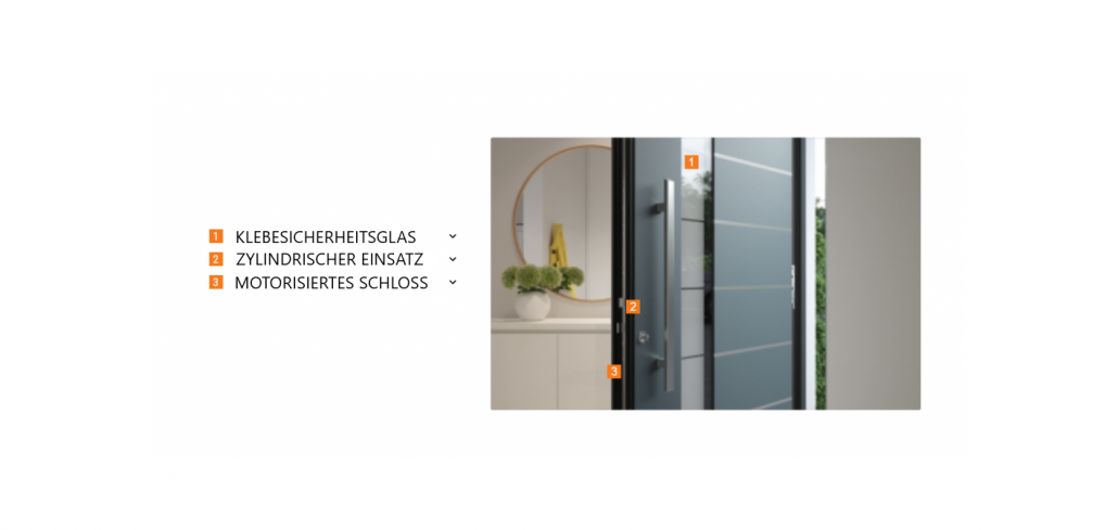 Inotherm Anti-Einbruch-Tür, die leicht geöffnet ist, und die Eigenschaften der Sicherheitstür sind daneben aufgeführt.