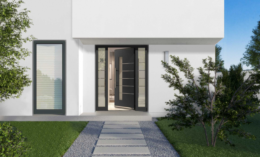 Eine graue Alu-Haustür für Inotherm ist zum Zwecke der Belüftung geöffnet.
