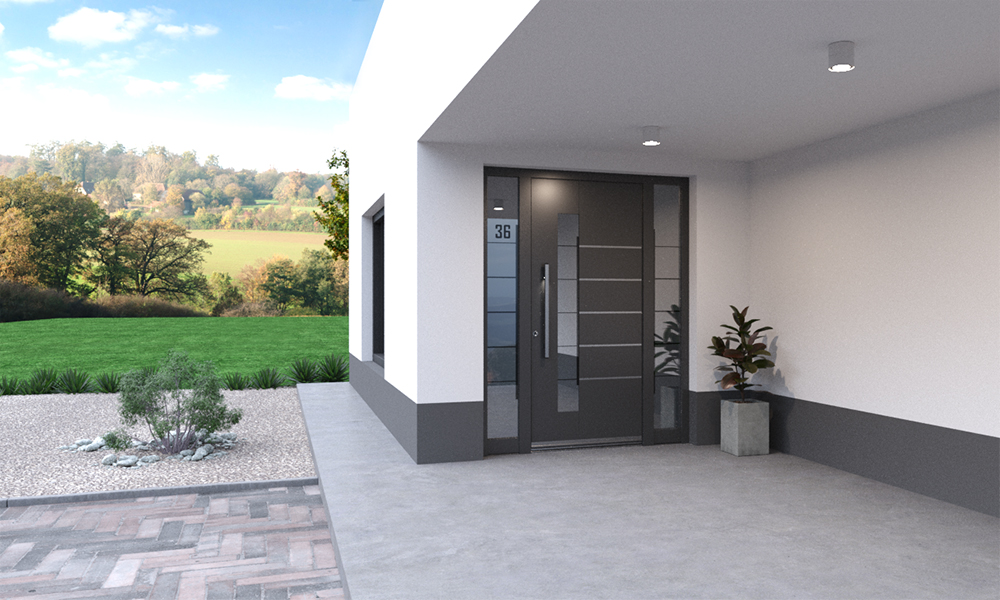 Ein energieeffizientes Haus mit Alu-Eingangstür.