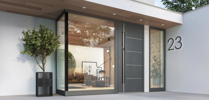 Moderne Aluminium-Eingangstür mit Beleuchtung.