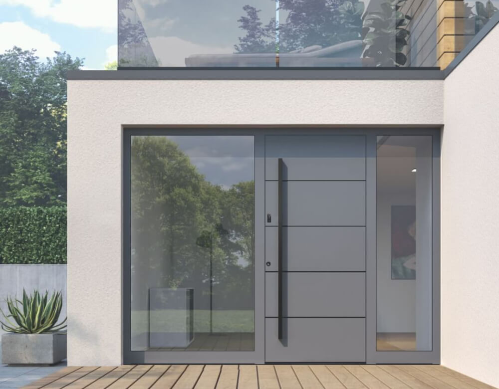 Elegante graue Haustür mit großem Außengriff