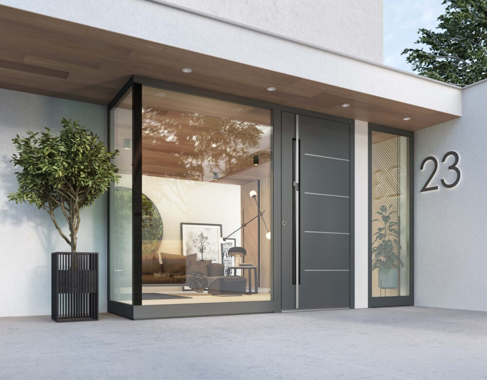 Moderne Haustür in Anthrazit und mit viel Verglasung