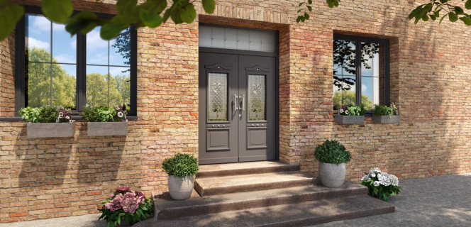 Rustikale Haustür im Landhausstil mit modernem Design, Bleiglasverglasung und dekorativen Rahmen