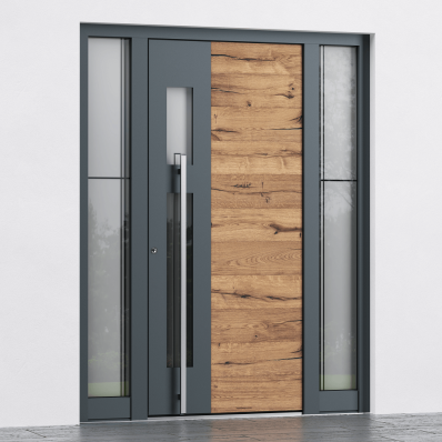 Eingangstür mit langem Türgriff und Seitenteilen.