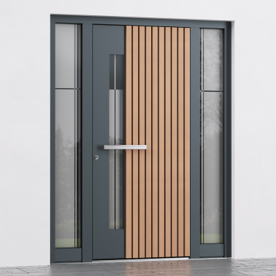 Inotherm Hauseingangstür mit schräger Griff und vertikalen braunen Streifen.