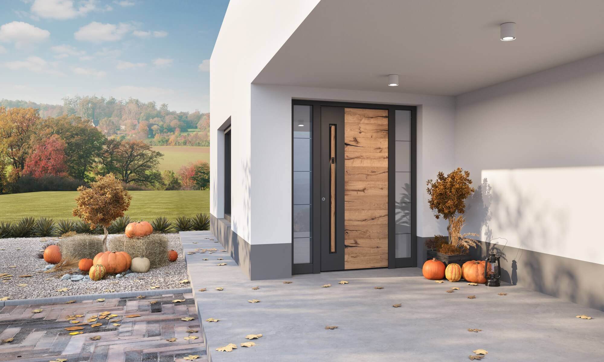 INOTHERM_HAUSTÜREN_VHODNA _VRATA_DOORS_PORTES_AGE1064 Eingangstür mit einer Kombination von Anthrazit und Holzoptik.