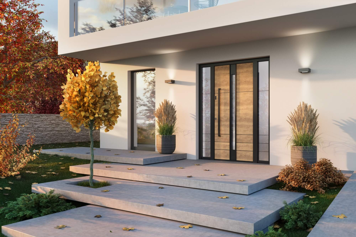 Moderne Eingangstür mit Glas.