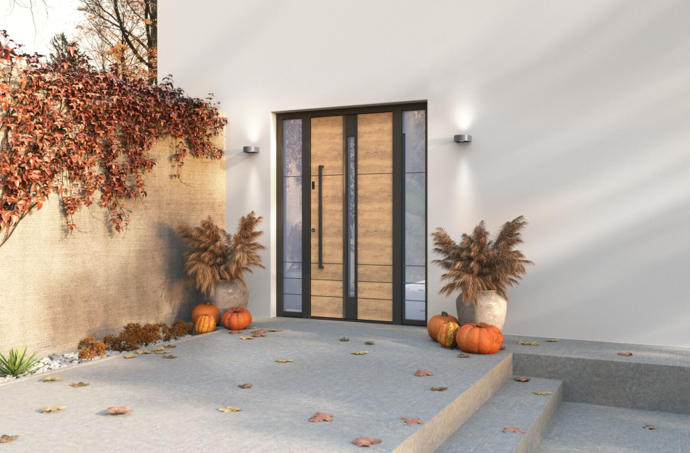 Moderna porta d'ingresso in alluminio con pannello vetrato laterale e piante