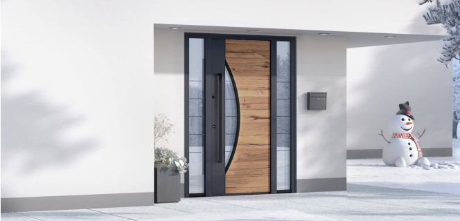 Moderna porta d'ingresso in alluminio con pannello vetrato laterale e piante