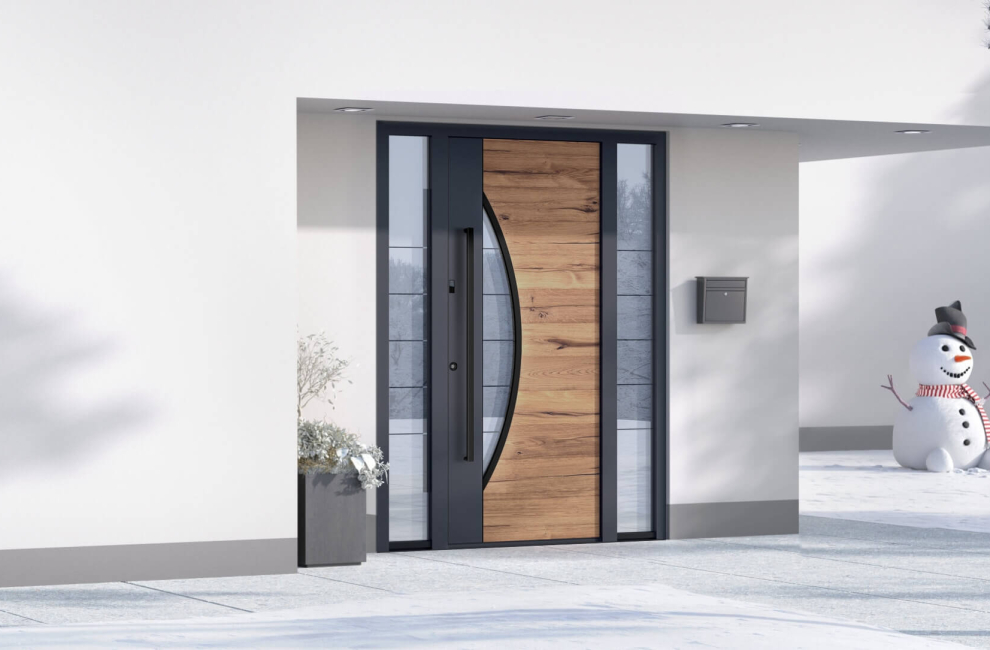 Moderna porta d'ingresso in alluminio con pannello vetrato laterale e piante