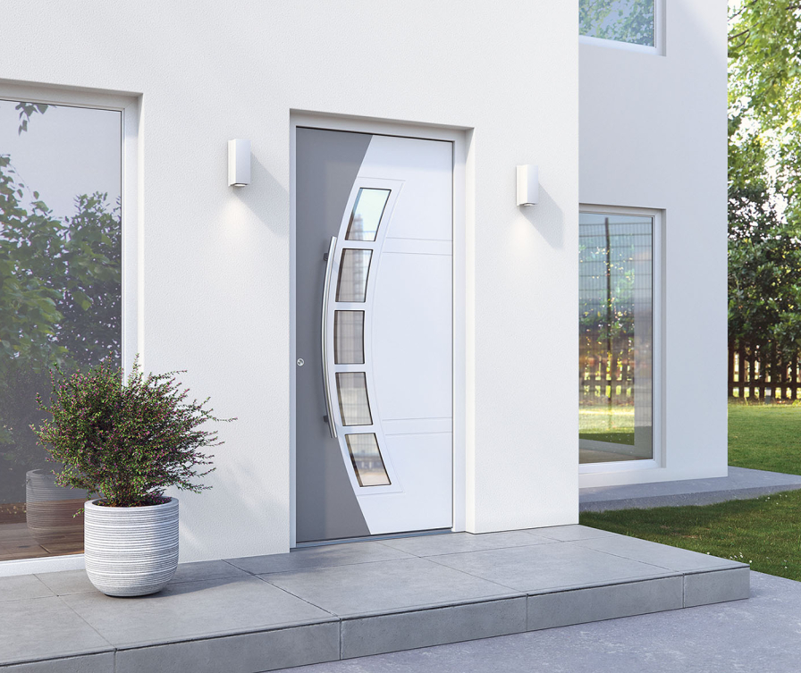 Graue und weiße Haustür mit Verglasung.