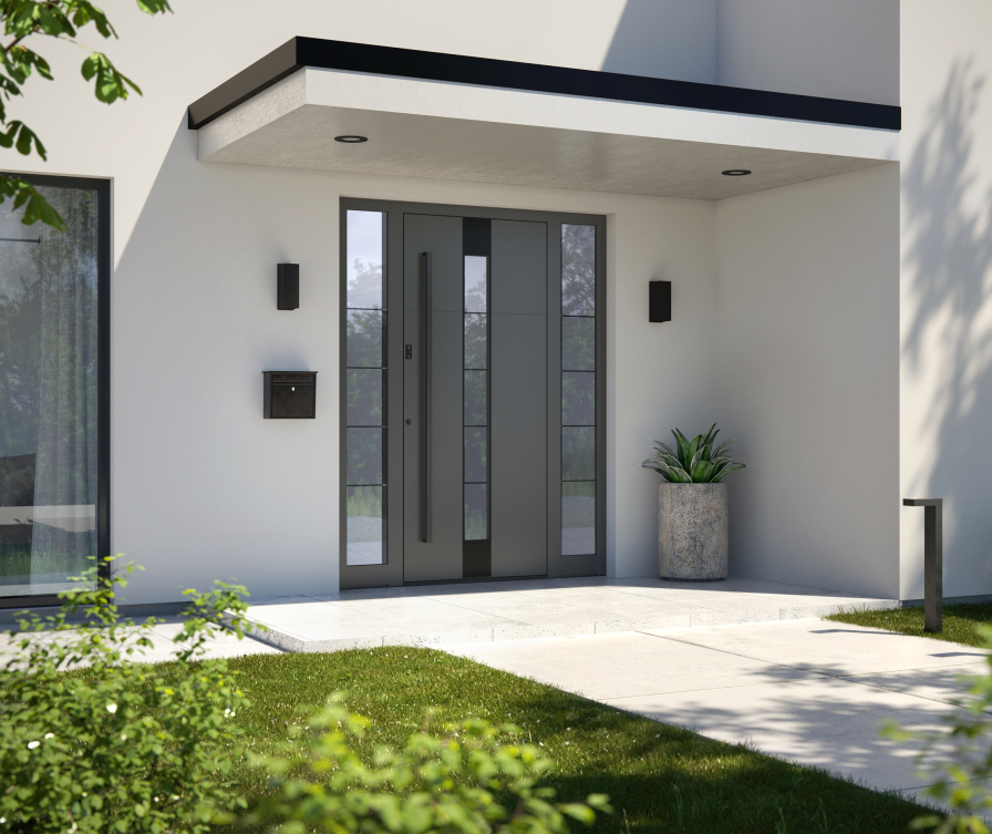 Alu-Haustür in Anthrazitgrau mit Seitenteilen links und rechts.