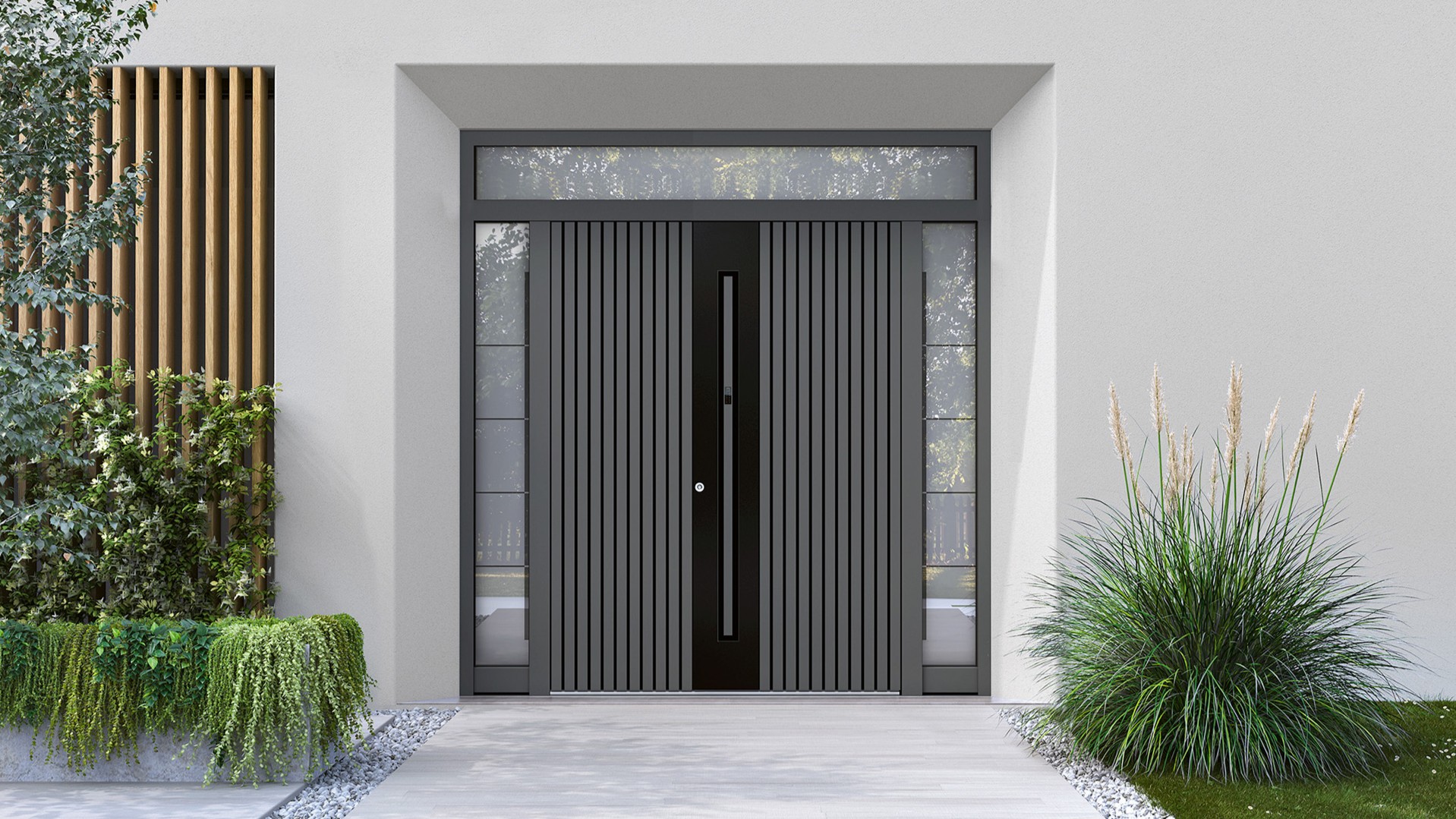 Dvokrilna vhodna vrata v sivih in črnih odtenkih s stransko svetlobo in nadsvetlobo