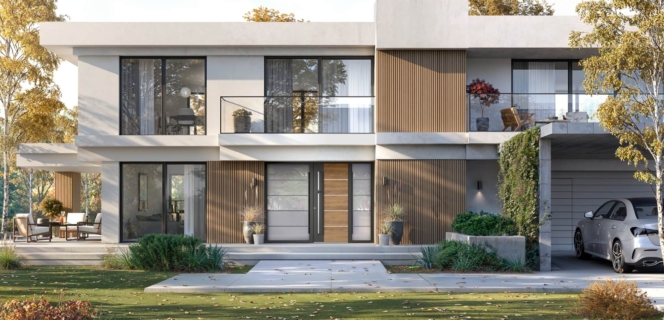 Modernes Haus mit aufeinander abgestimmter Haustür und Fenstern