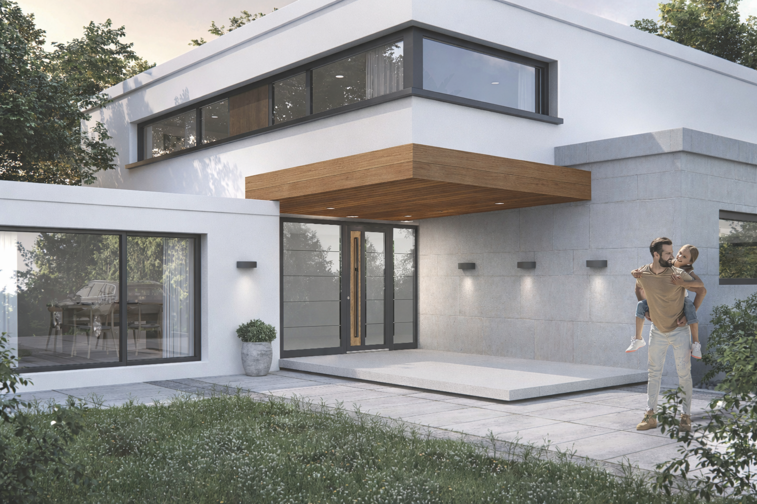 Modernes Haus mit aufeinander abgestimmten grauen Fenstern und Türen sowie einem Holzvordach, das mit dem Holzdekor der grauen Haustür harmoniert