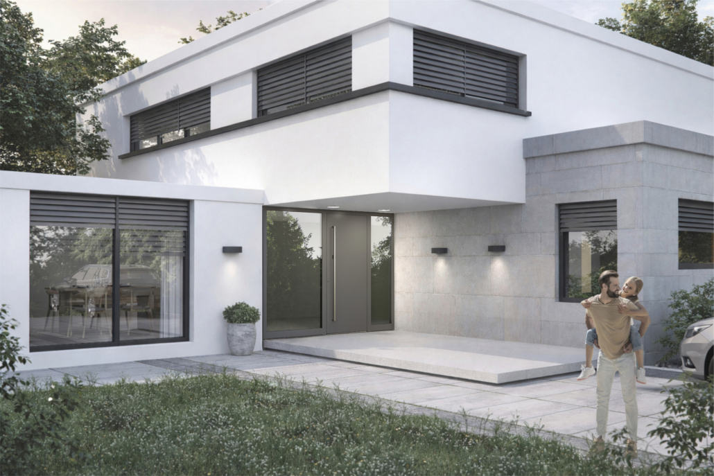 vrtiljak_1 Modernes Haus mit aufeinander abgestimmten grauen Verschattungselementen und Fenstern sowie einer etwas helleren grauen Haustür