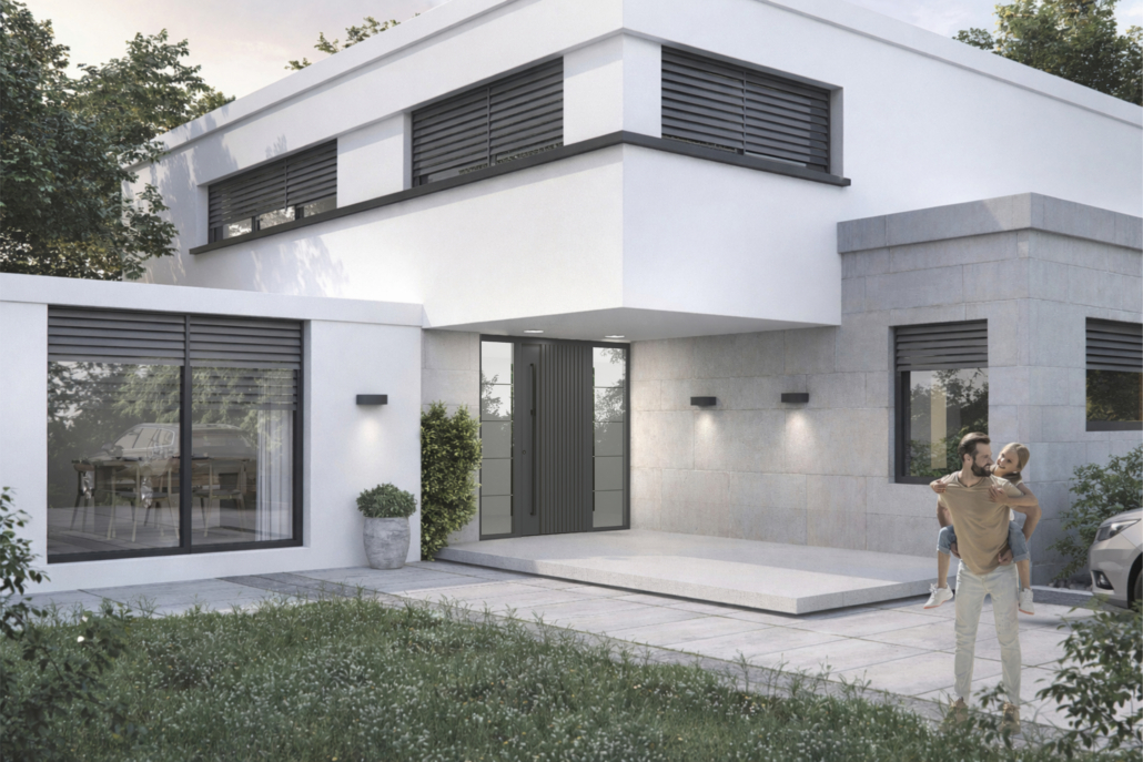 vrtiljak_3 Modernes Haus mit aufeinander abgestimmten grauen Verschattungselementen, Fenstern und Haustür