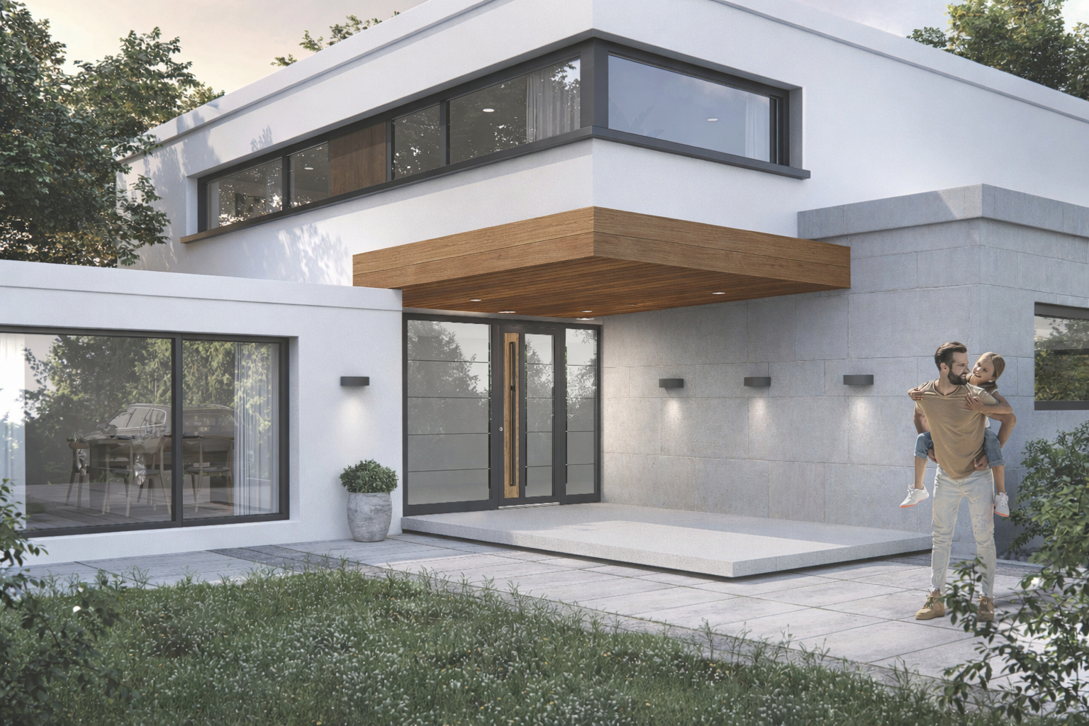 Modernes Haus mit großen Fenstern und verglaster Haustür in Holzoptik