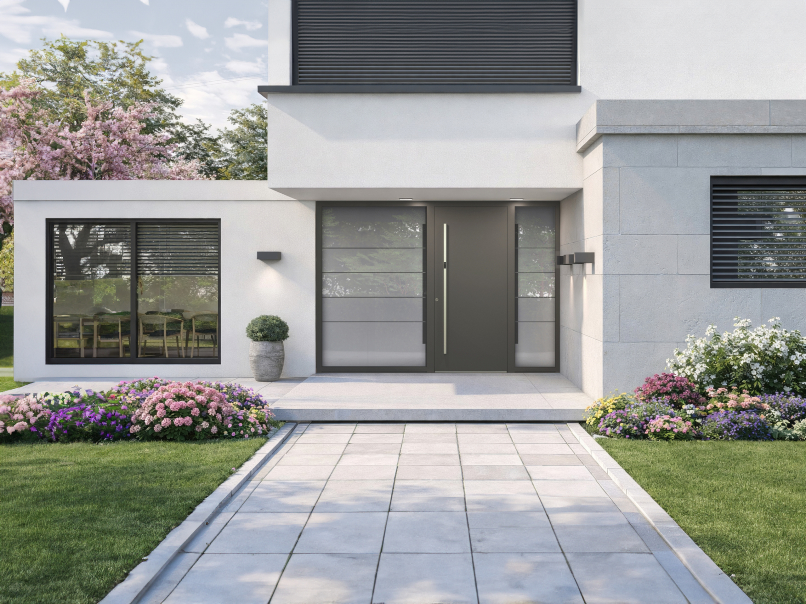 Modernes Haus mit weißer Fassade, großen grauen Fenstern und grauer minimalistischer Haustür mit Seitenteil
