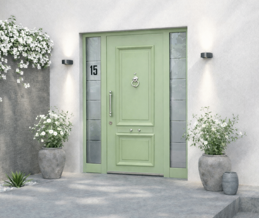 Grüne Landhaus-Haustür mit Türklopfer, rustikalem Griff, verglastem Seitenteil und Hausnummer