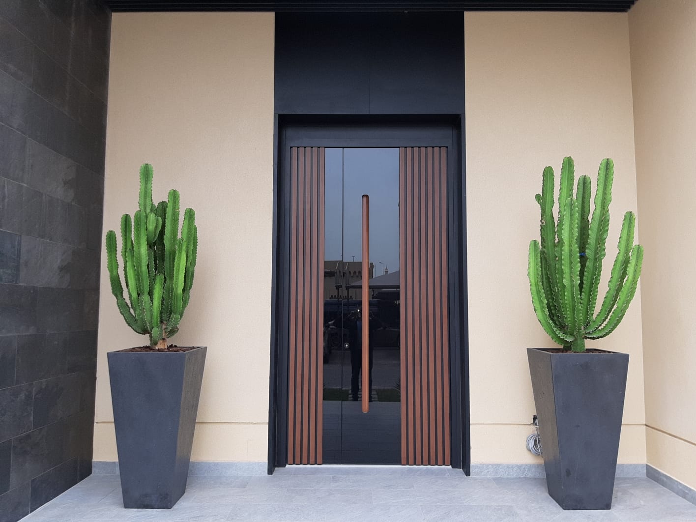 Moderne zweiflügelige Aluminium-Haustür mit schwarzem ESG-Glas, Holzdekor und eingelassenem Griff