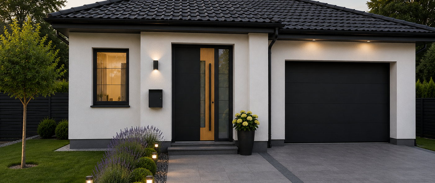 Auffällige Aluminium-Haustür in Schwarz mit Holzdekor an einem modernen Haus
