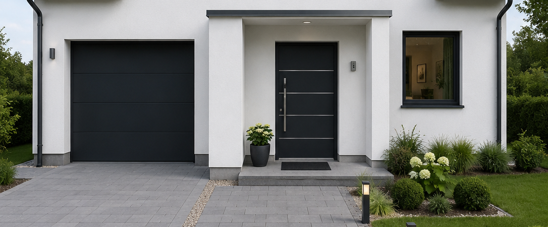 Hausfassade mit Fenster, Garagentor und minimalistischer schwarzer Haustür mit schmalen Edelstahleinsätzen