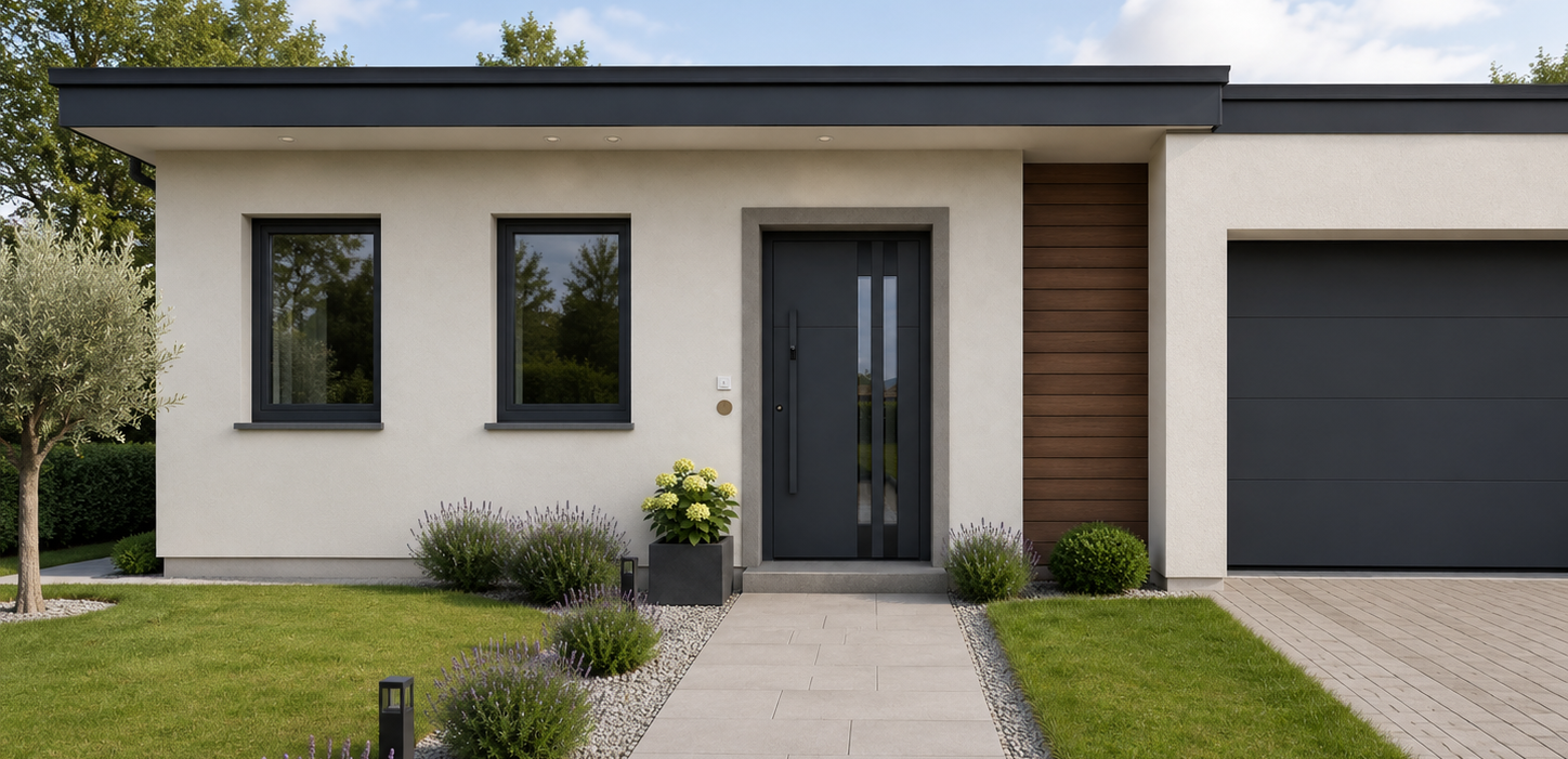 Modernes Einfamilienhaus mit schwarzen Aluminiumfenstern und schlichter schwarzer Haustür mit zwei Glaseinsätzen