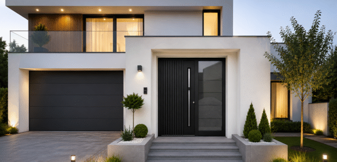 Modernes Haus mit schwarzen Fenstern, Garagentor und Haustür mit Zierleisten, Smart-Griff und Seitenteil