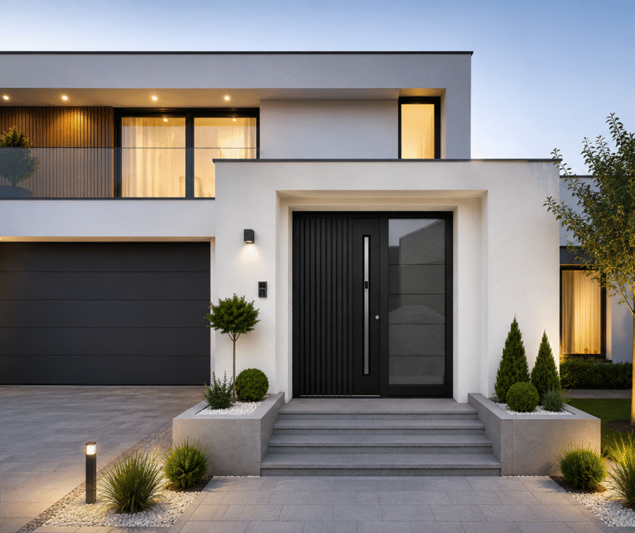 Modernes Haus mit schwarzen Fenstern, Garagentor und Haustür mit Zierleisten, Smart-Griff und Seitenteil
