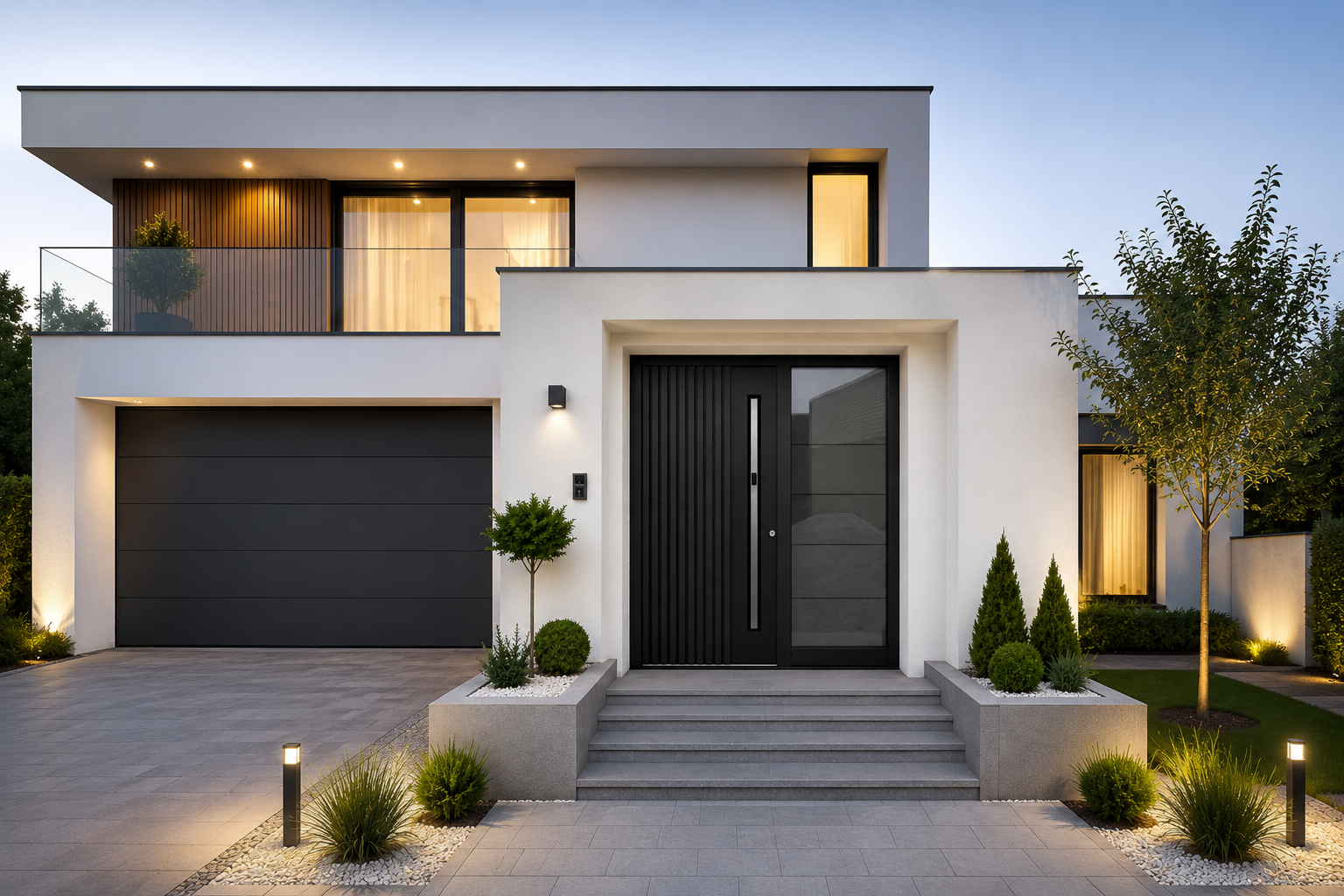 Modernes Haus mit schwarzen Fenstern, Garagentor und Haustür mit Zierleisten, Smart-Griff und Seitenteil