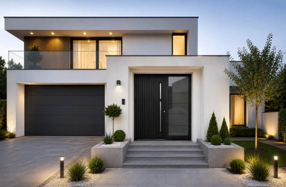 Modernes Haus mit schwarzen Fenstern, Garagentor und Haustür mit Zierleisten, Smart-Griff und Seitenteil
