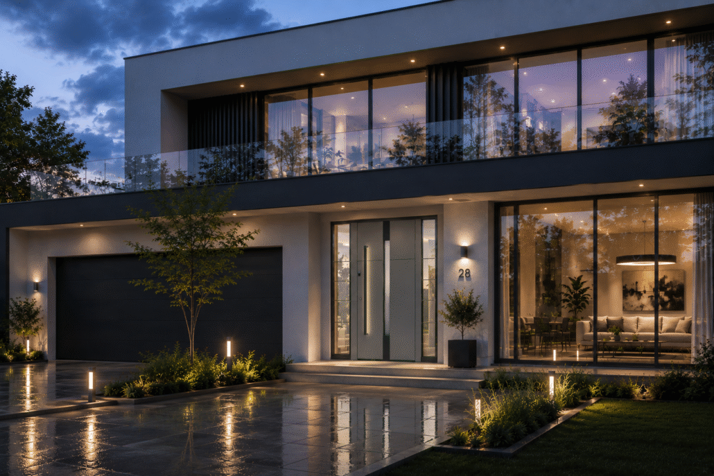 Modernes Haus mit Flachdach, großem Glasbalkon, bodentiefen Fenstern und minimalistischer anthrazitfarbener Eingangstür