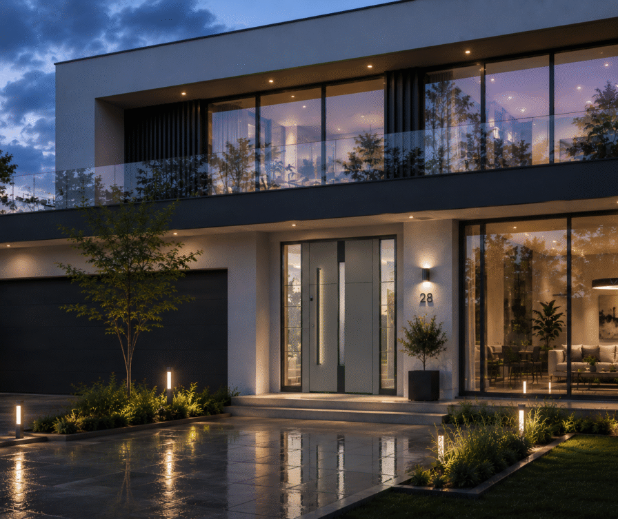 Modernes Haus mit Flachdach, großem Glasbalkon, bodentiefen Fenstern und minimalistischer anthrazitfarbener Eingangstür