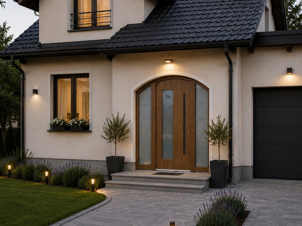 Traditionelles Haus mit Rundbogen-Eingangstür und Rundbogen-Seitenteil