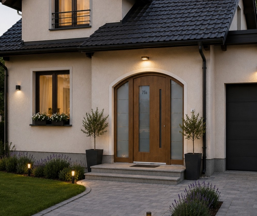 Traditionelles Haus mit Rundbogen-Eingangstür und Rundbogen-Seitenteil