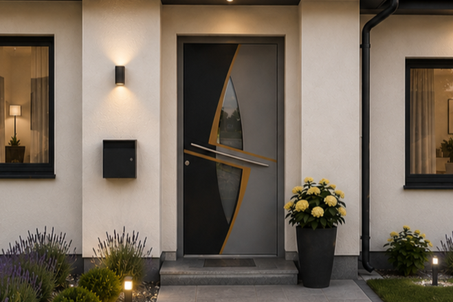 Außergewöhnliche Haustür mit innovativem Glaseinsatz, kombiniertem Dekor und schräg angeordnetem Türgriff