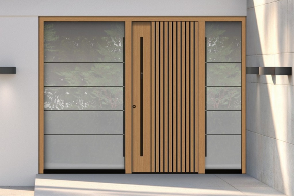 Holzhaustür mit Zierleisten in 3D-Optik