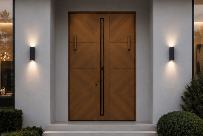 Moderne zweiflügelige Holzhaustür mit asymmetrischem Design und durchgehendem Griff mit Griffmulde