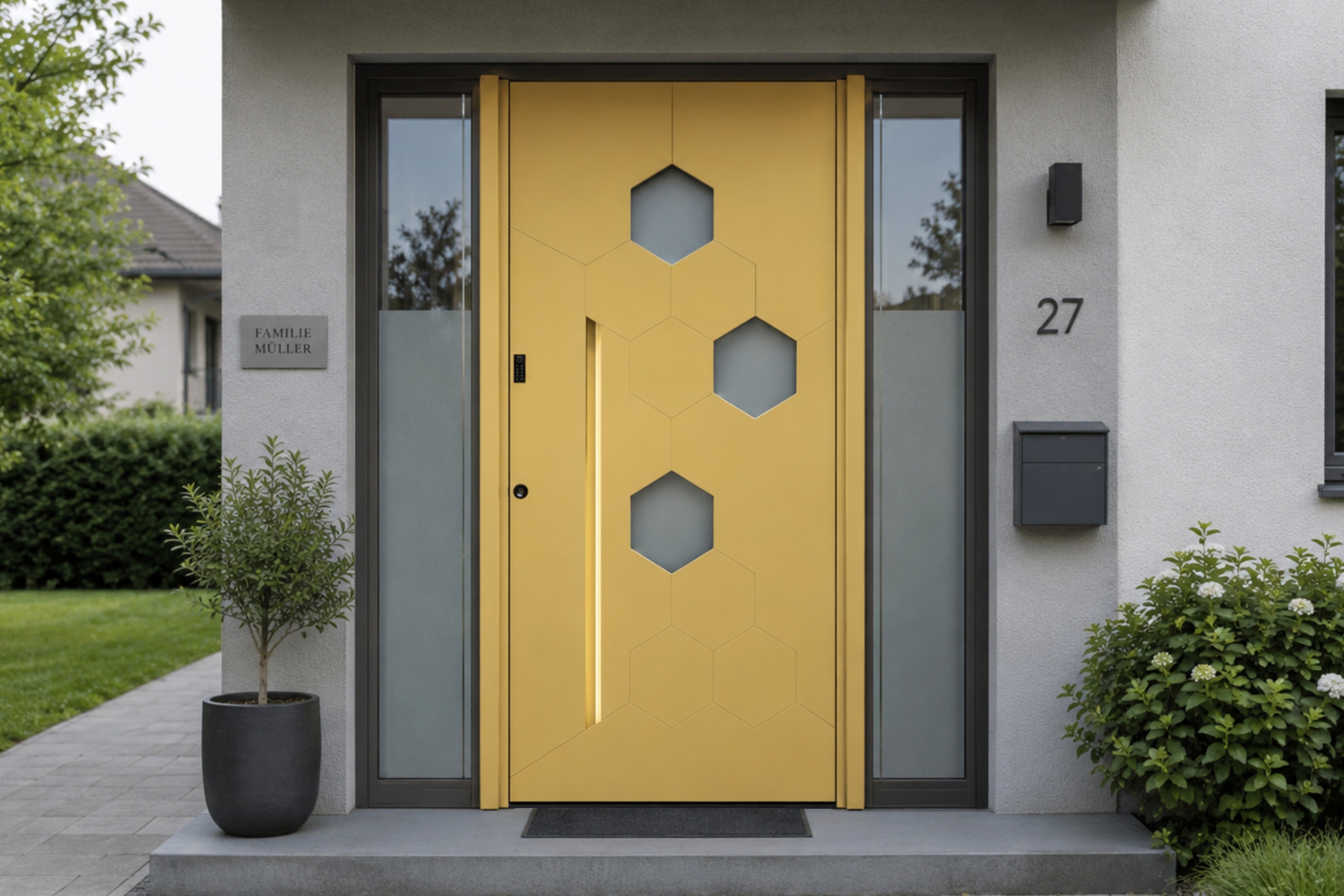 Haustür mit wabenförmigen Glasausschnitten und innovativem Griff mit Griffmulde